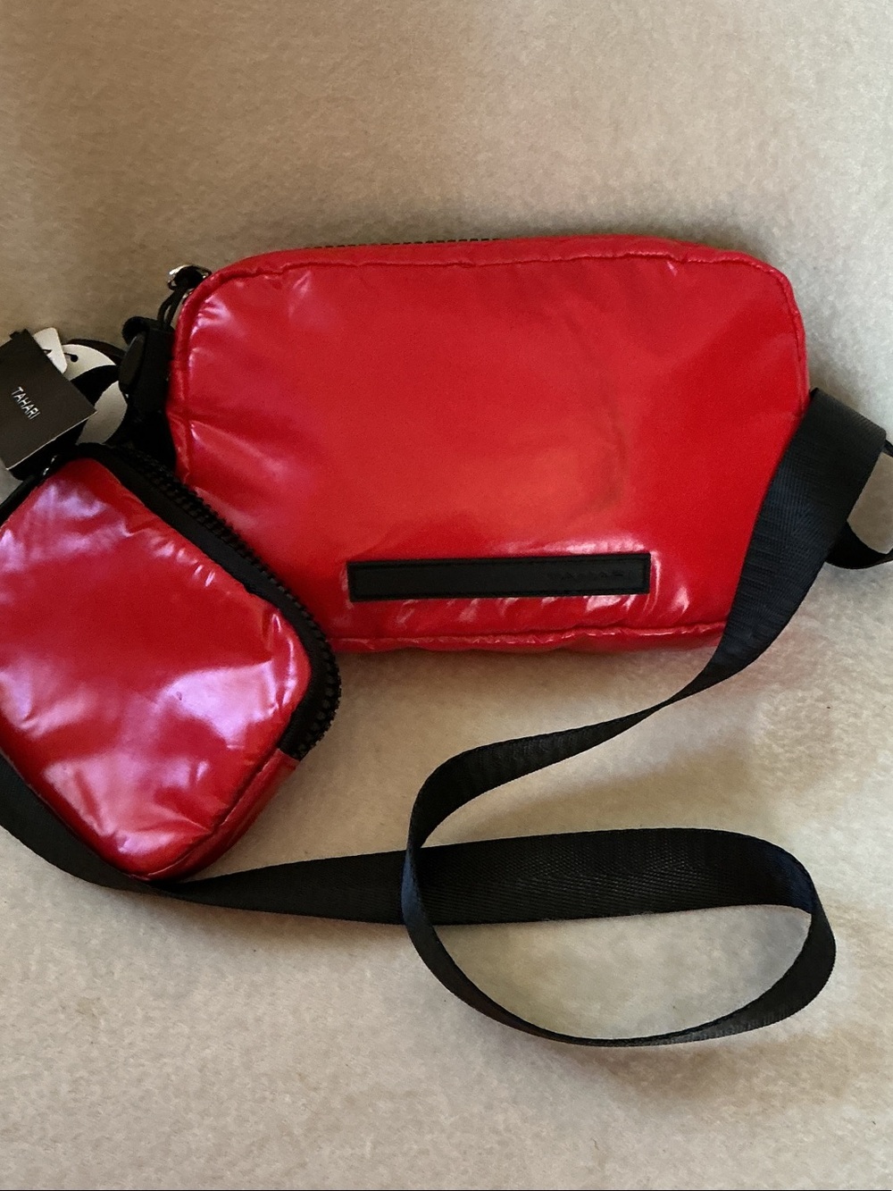 Tahari Shiny Red Crossbody Belt Bag with Black Strap and Coin Pouch
